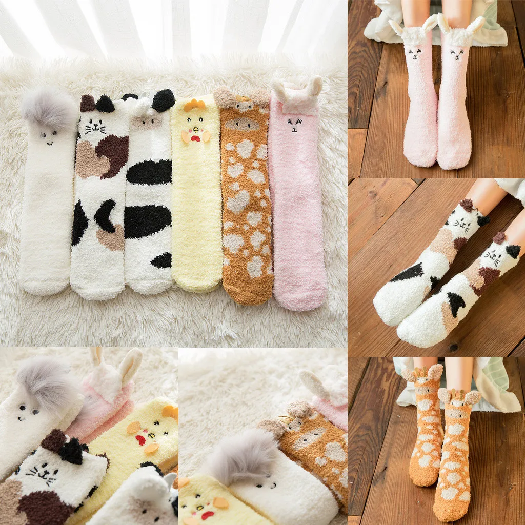 Носки в японском стиле женские милые Мультяшные вышитый трехмерный ушками бархатные домашние толстые коралловые бархатные носки-Тапочки