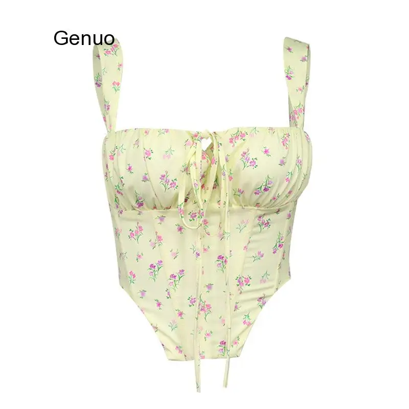 

Floral Corset Women Sweet Print Hollow Up Tie Up Sexy Crop Top Summer Sleeveless Ruched Boning Bustier Casual Tank Top