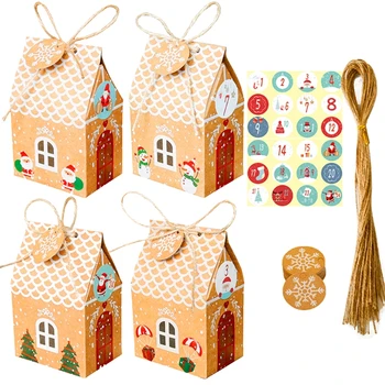 

24 Sets Christmas House Gift Box Kraft Paper Candy Bag Snowflake Tags Stickers R9UC