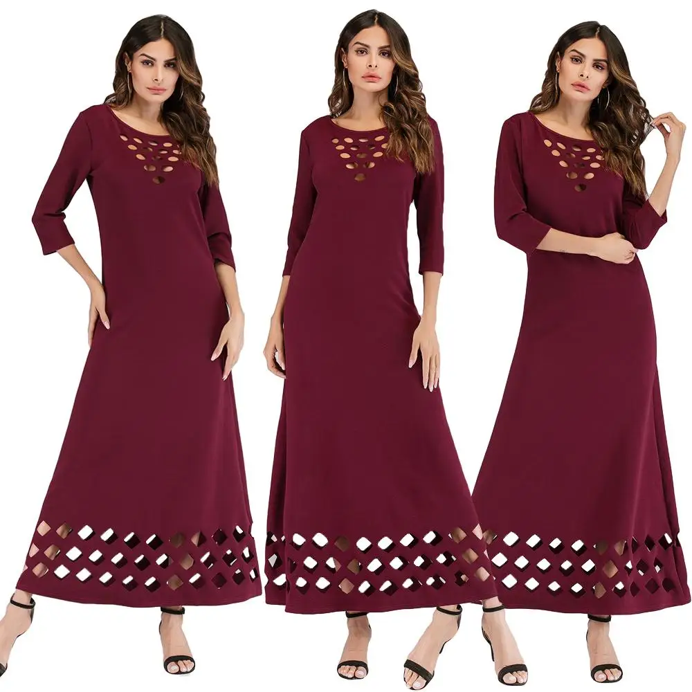 Wine Red Модное женское осеннее платье макси abaya с рукавом 3/4, повседневный кафтан, платье с круглым вырезом в Дубае, повседневное женское платье Макси - Цвет: Wine Red