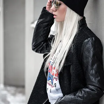 

Women Autumn Winter Stitching Side Zipper Outwear Fashion Patchwork Street Tide Female Jacket Stand Collar Long Coat Ladies