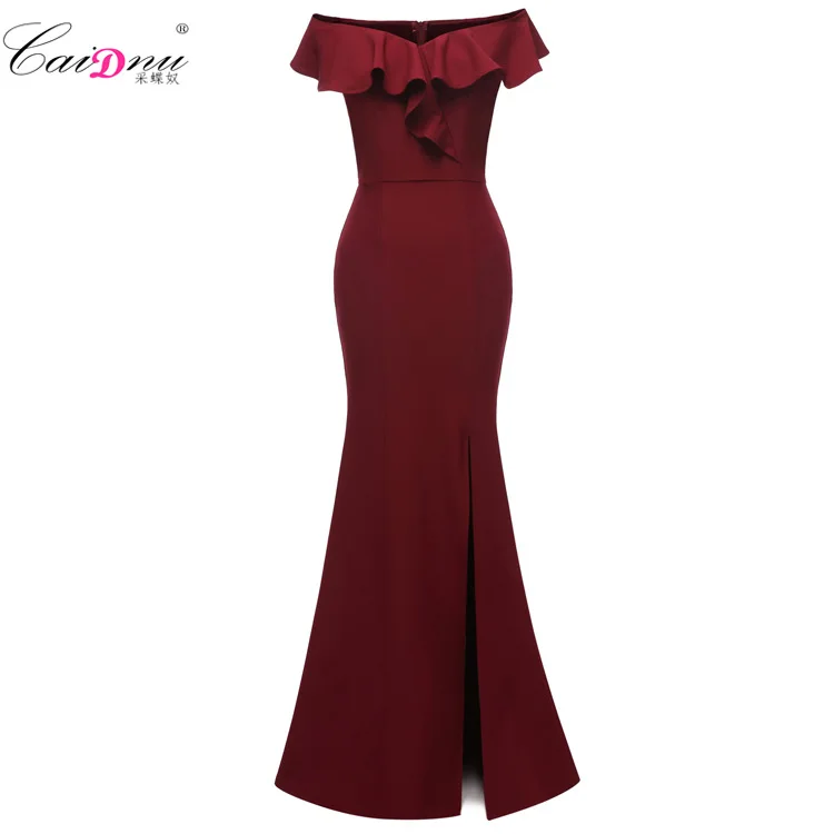 

Hot Selling 2019 Europe And America off-Shoulder Ruffled Collar Sheath Slit Dress Evening Gown Long Skirts