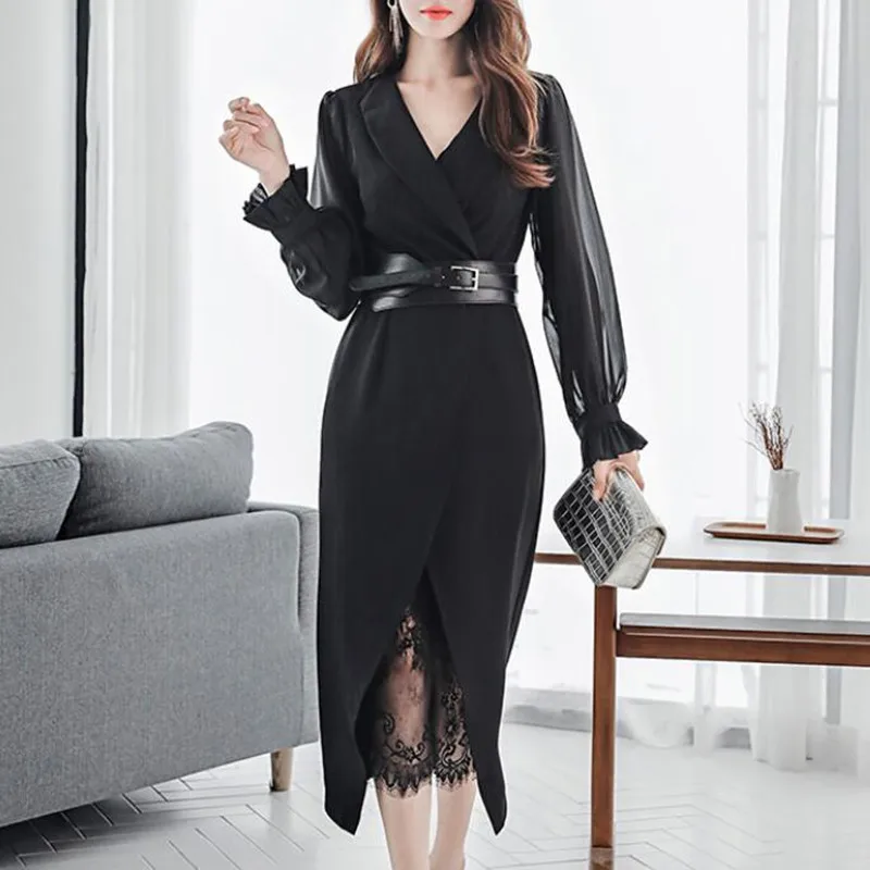 

2019 New Autumn Dress Suits For Women Chiffon Long Sleeve Blazer Lace Dress Two Piece Set Sexy Ladies Office Wear Clothing Belt