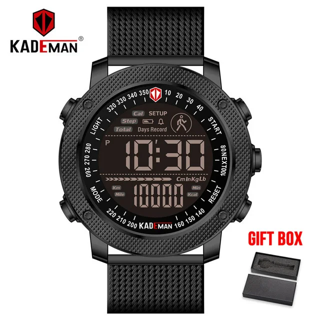 alloy band black KADEMAN Лидирующий бренд Мужские часы с хронографом спортивные цифровые светодиодный водонепроницаемые наручные часы с подсчетом шагов кожаные часы Relogio Masculino - Цвет: alloy band black