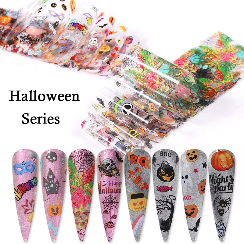 

10 Pcs/Pack Colorful Nail Foil Stickers Halloween Series Pumpkin Transfer Decals Paper Stikers DIY Nail Art Design Decorations