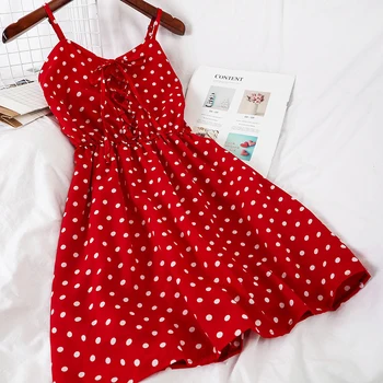 

2020 New Women Casual Spring Dress Lady High Street Fashion Dot Floral printed Spaghetti Strap Lace up V-neck Short Mini Dress
