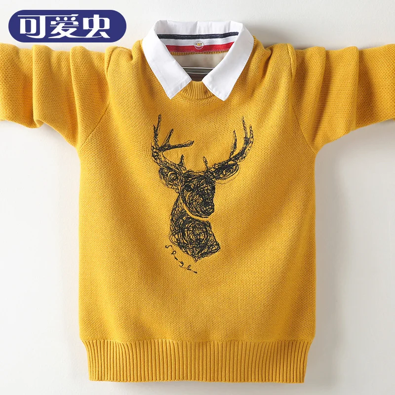

Kids' Sweater Shirt Collar Fake Base Sweater Winter BOY'S Pullover Two Pieces Shirt Pure Cotton plus Velvet Child Cotton 100% pl