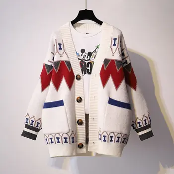 

2020 Autumn New Knit Female Cardigan Loose Streetwear Knit Sweater Coat Chinese Retro Print V Neck knitted cardigan Women Jacket