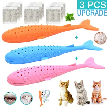 

3 Pcs Catnip Toys Cat Toothbrush Shape of Fish Silicone Cat Teeth Cleaning Chew Toy Refillable Peppermint