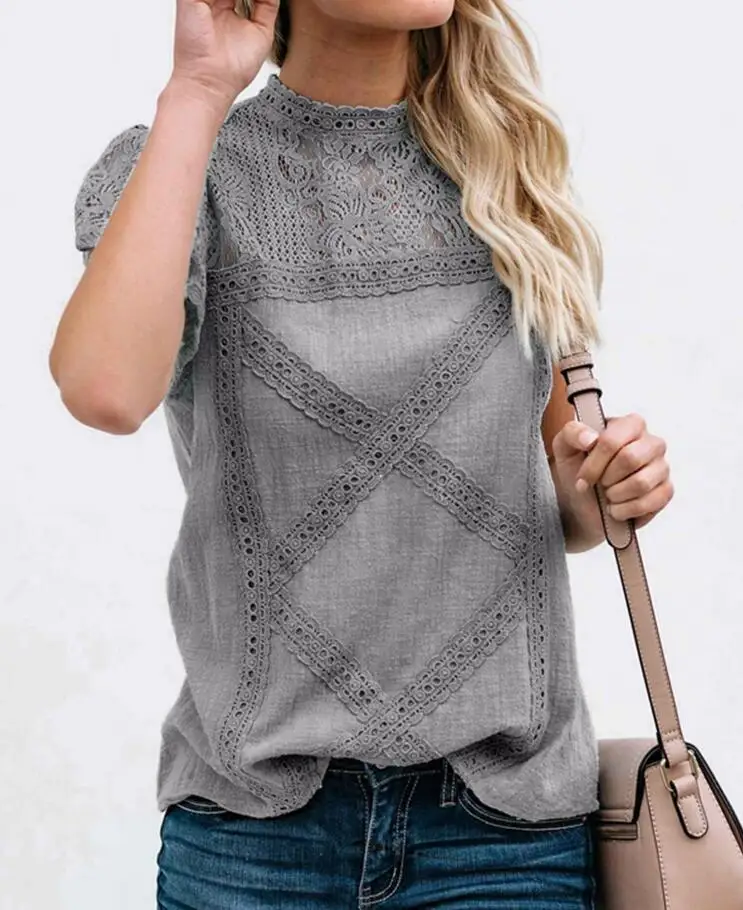 Летние шифоновые топы женские блузки с оборками больших размеров Befree Boho Цветочные Элегантные женские сексуальные кружевные повседневные рубашки с украшением - Цвет: Серый