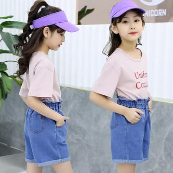 

2019 Fashion Casual Kids High Waist Denim Trousers And T-shirt Set Children Clothing Summer Girls Clothes 2pcs Set Streetwear