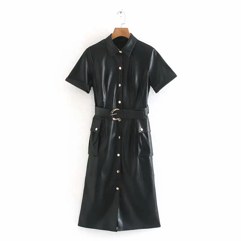 Женское платье из искусственной кожи 2019 модные женские платья с поясом и