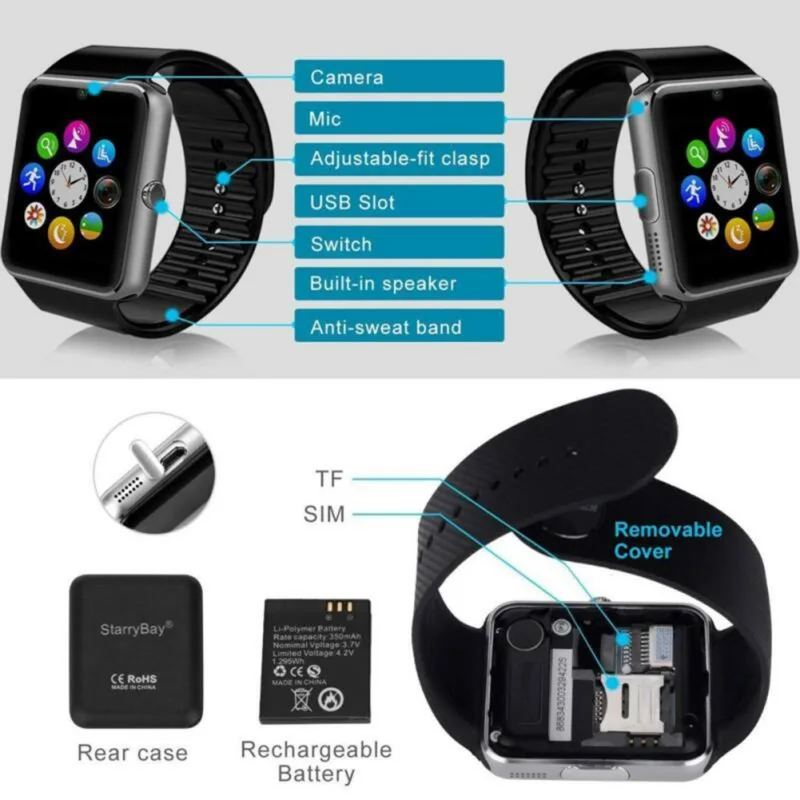 1,5 дюймов Смарт-часы с ЖК-картой Bluetooth 3,0 GT08 износ часы многоязычный мониторинг здоровья спортивный браслет для телефона Android