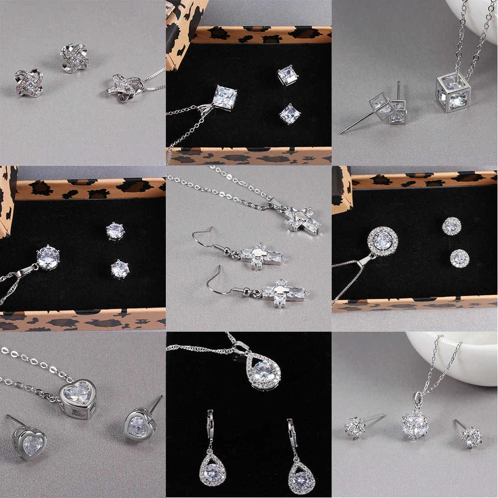 Bridal Jewelry Set Cubic Zircon Earrings And Chain Pendant Necklace Combination Set For Women Popular Jewelry Anniversary Gifts