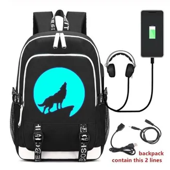 

Moon Wolf Luminous School Backpack Student Teen Unisex Laptop Bag USB Charging Port Backpack Breathable Bookbags
