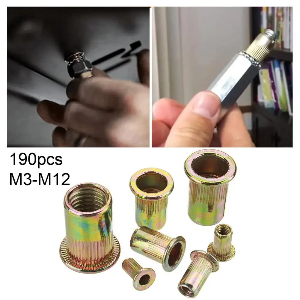 190Pcs M3-M12 Flat Vertical Head Rivet Nuts Anti-rust Carbon Steel Zinc Plated Multipurpose Nut Kit for Sheet Metal | Обустройство