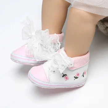 

Baby Toddler Shoes Newborn Princess Shoes Girls Embroidery Floral Infant Soft Mesh Tie Shiny Shoes First Walkers 0-18M