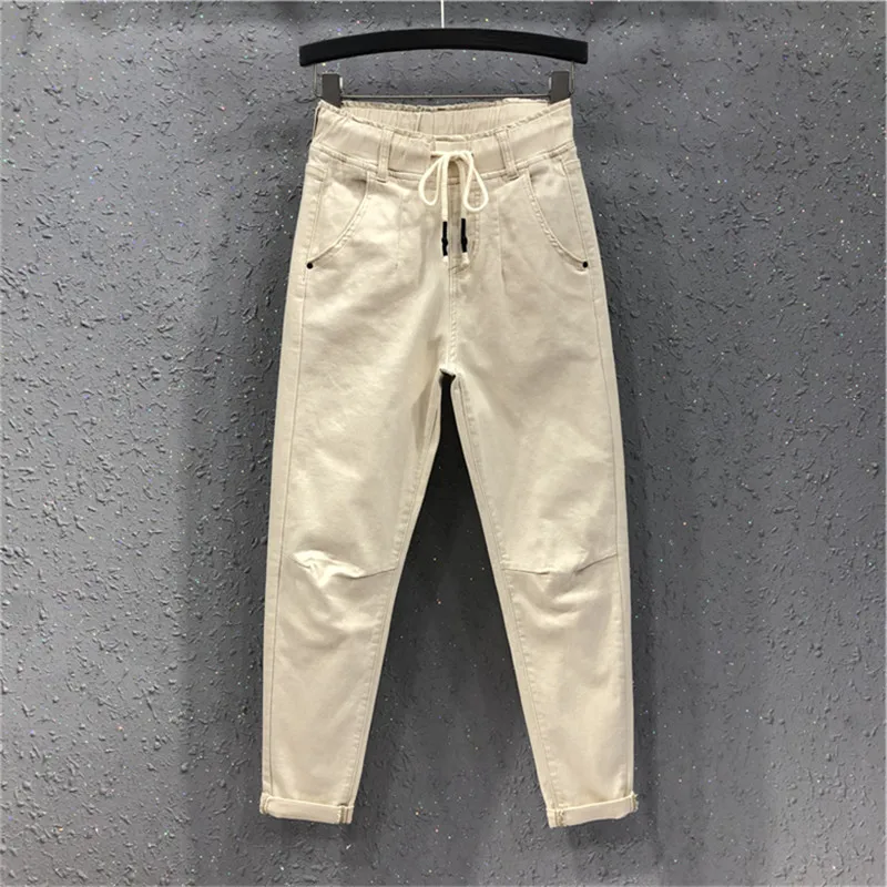 

Summer Autumn Fashion Women White Hallem Jeans Loose Casual Elastic Waist Femme Cotton Denim Ankle-length Pants Khaki Black Y467