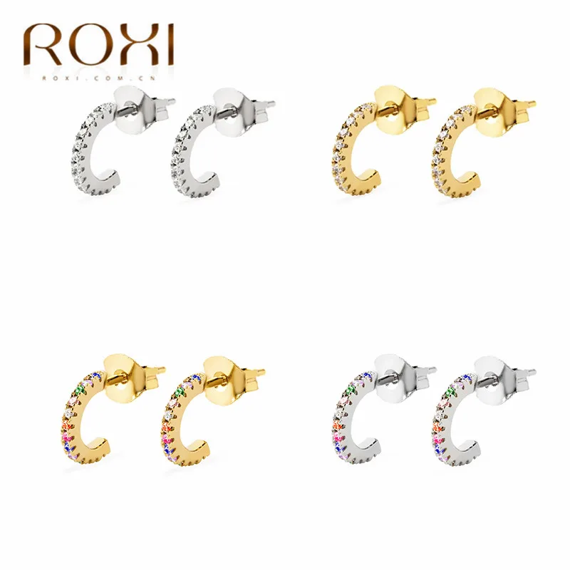 ROXI женские золотые CZ радужные серьги-гвоздики 925 пробы Серебряные Красочные Кристальные круглые серьги женские Геометрические корейские серьги