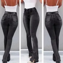 Женские синие брюки с высокой талией, расклешенные брюки, женские сексуальные тянущиеся модные джинсы, брюки