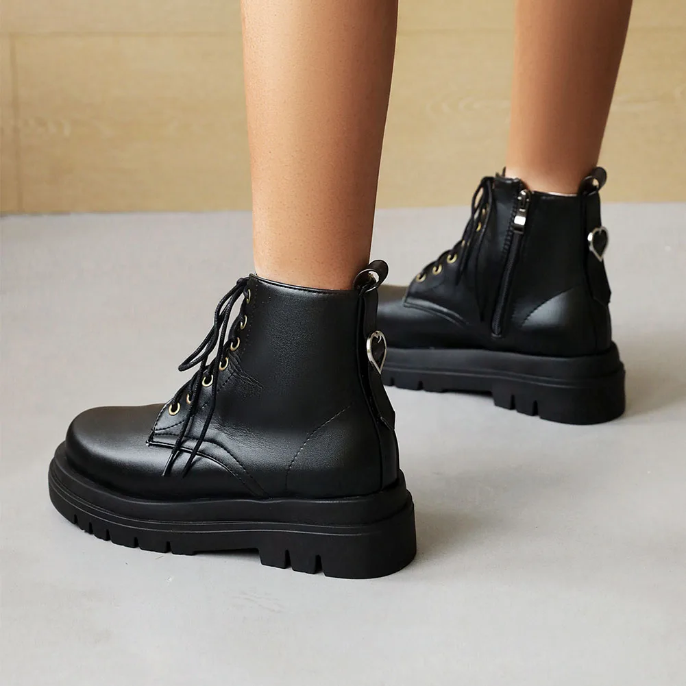 Doratasia Fashion New Female Chunky Heels Round Toe Zip Boots Solid Cross-Tied Ankle Boots Women Punk Shoes Woman