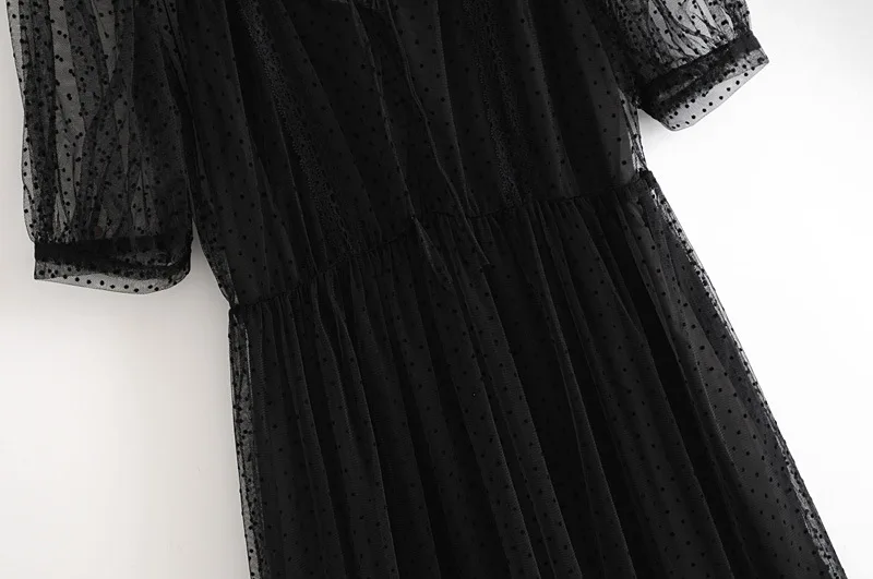 QZ216 осеннее женское черное Сетчатое длинное платье с принтом в горошек европейский дизайн тонкие кружевные платья vestidos