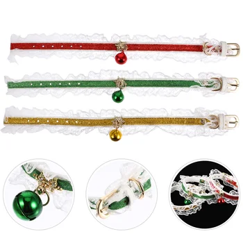 

3pcs Lace Pet Collars with Bells Christmas Pet Neck Ring Adjustable Cat Collar