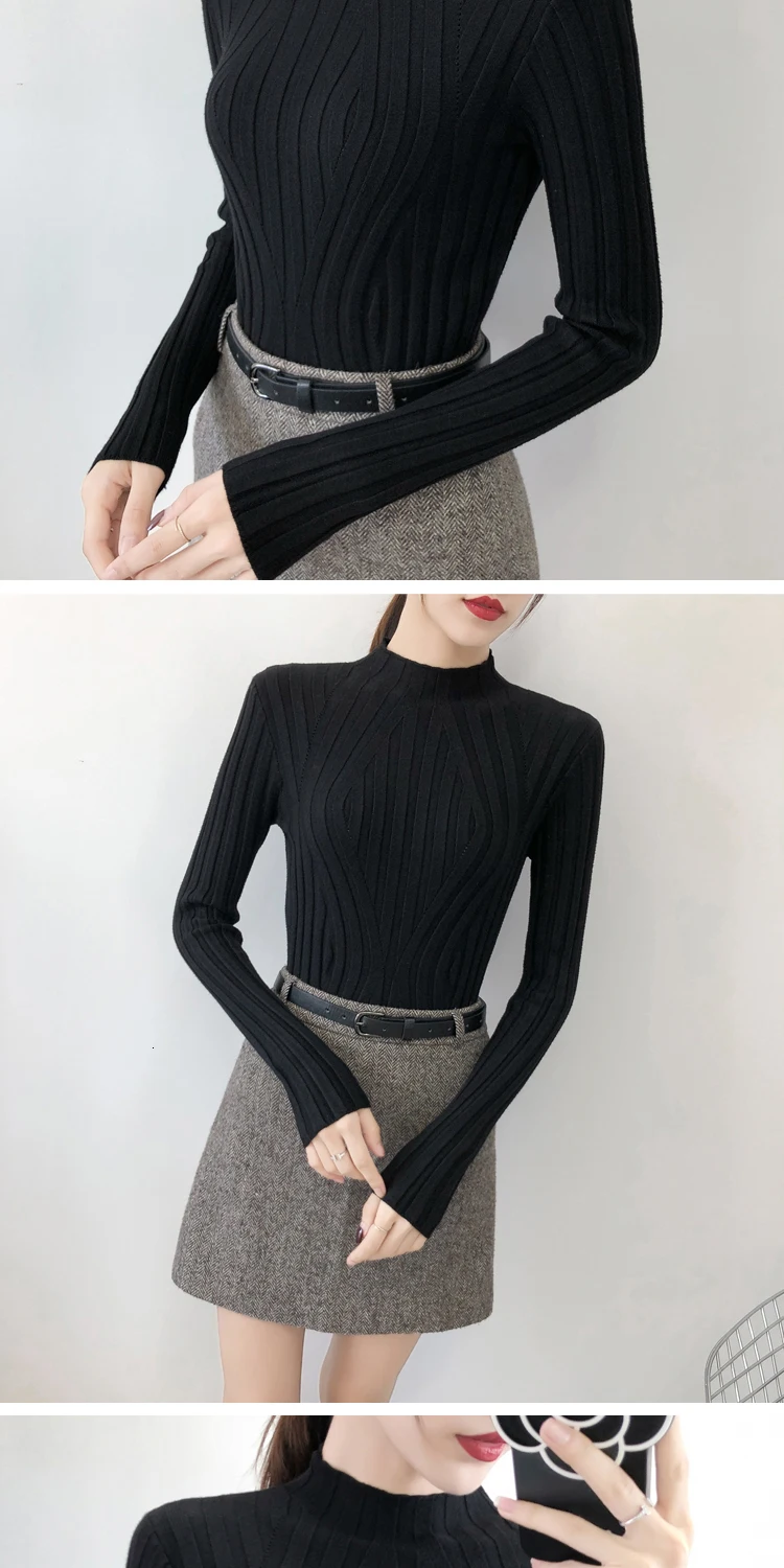 Autumn Winter Thick Sweater Women Knitted Ribbed Pullover Sweater Long Sleeve Turtleneck Slim Jumper Soft Warm Pull Femme