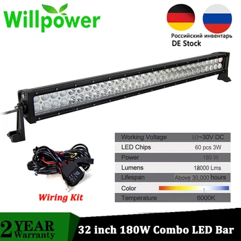 

Willpower 32 inch 180W Offroad LED Bar Dual Row combo Beam Driving lights Fog Lights with Wiring Kit 4x4 4WD ATV UTV Car 12V 24V