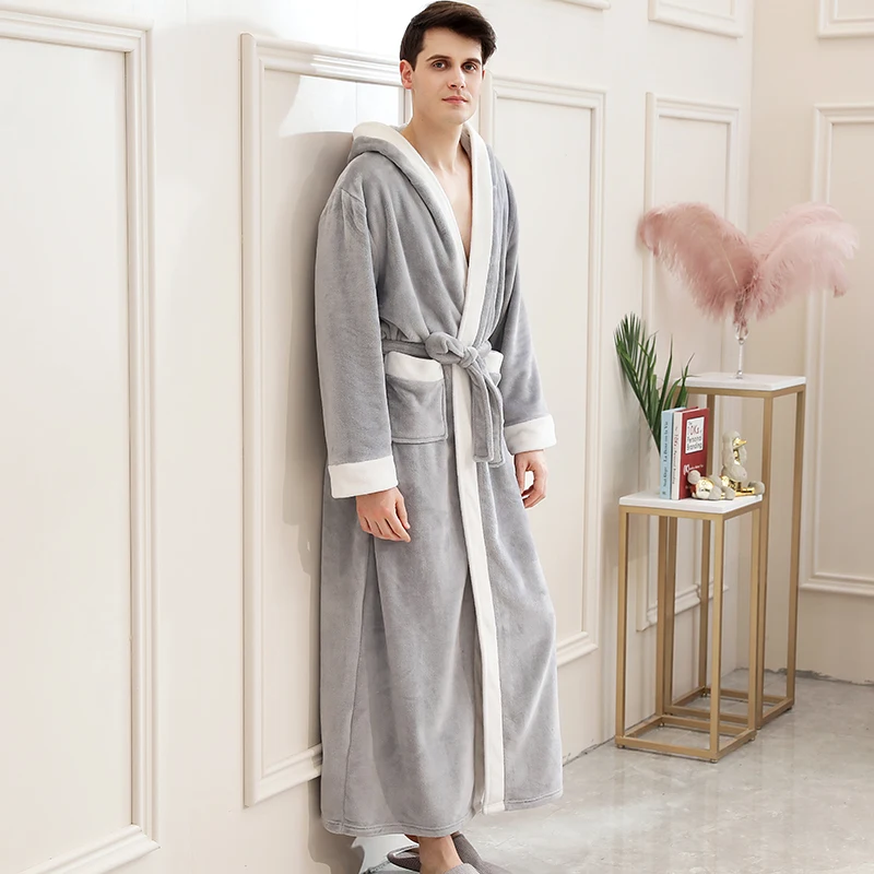 Jmwss QD Men Winter Warm Sleepwear Lounge Long Thicken Bath Robe Flannel Robes