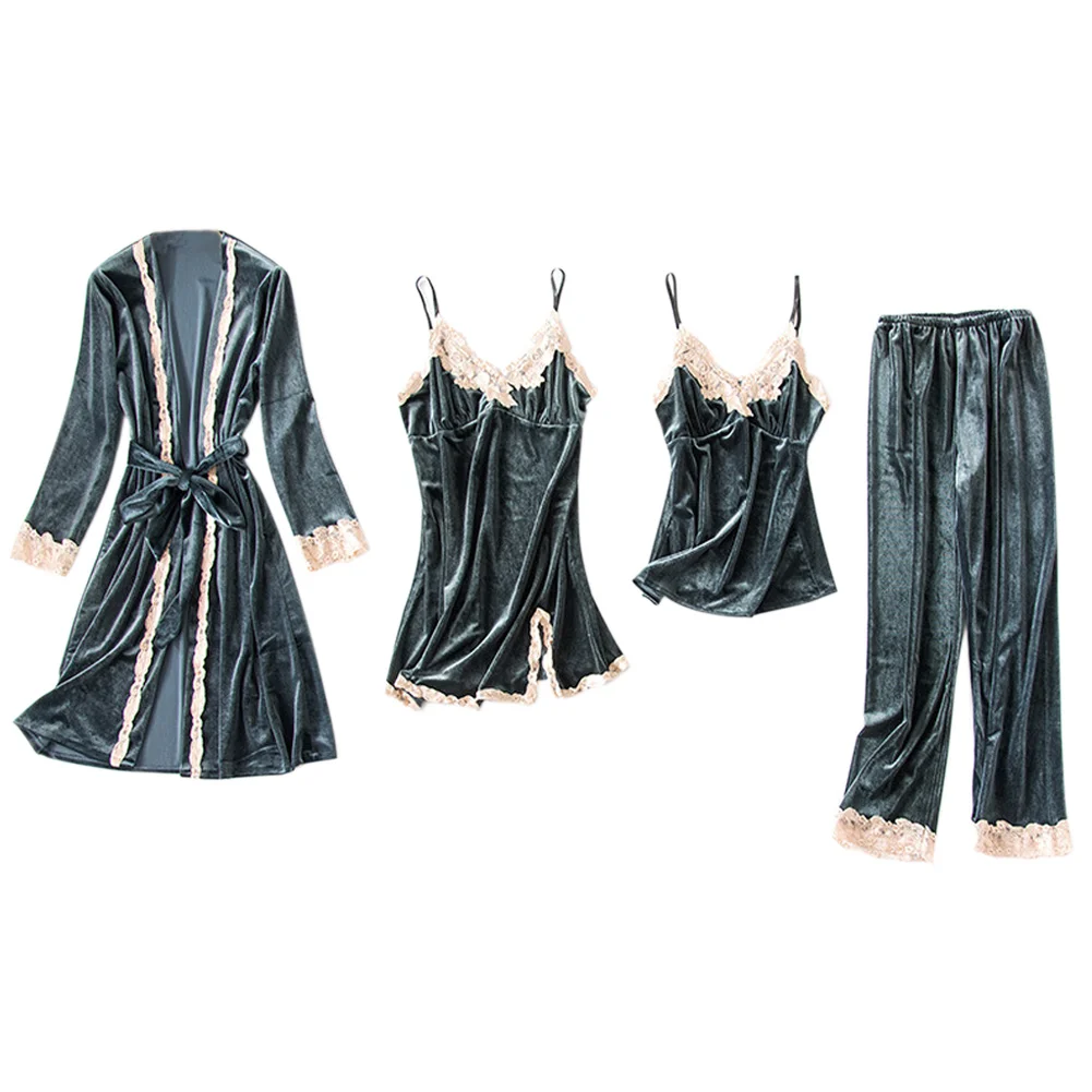 

High Women Pajama Set Elegant Velvet Robe Dress Tops Pants 4Pcs/Set Sleepwear DSM