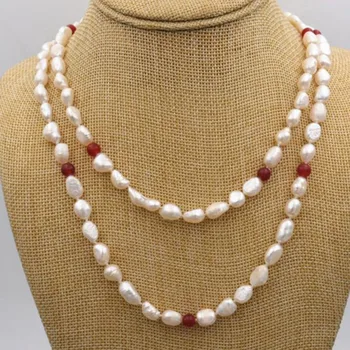 

NEW long 48" 7-8mm baroque white freshwater pearl %red ruby necklace AAA