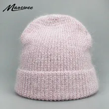 Женские зимние шапки-бини из кроличьего меха, уличная вязаная одноцветная шапка с подкладкой из шерсти, мягкая теплая шапка, вязаная крючком для девочек