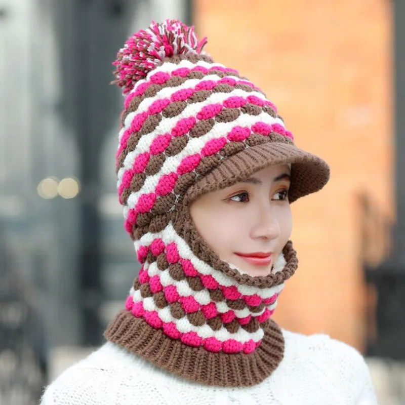 Новая теплая зимняя женская шапка женская меховая подкладка мягкая шапка теплый шарф плотная клетчатая цветная вязаная шапка модная шапка с помпоном - Цвет: khaki