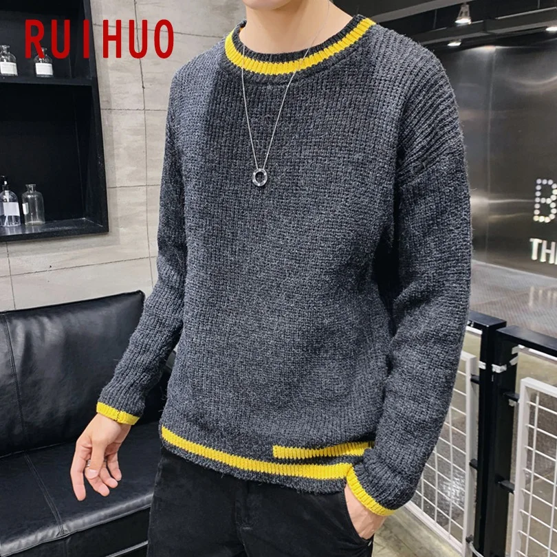 RUIHUO, новинка, осенне-зимний однотонный Повседневный свитер для мужчин, приталенный вязаный пуловер для мужчин, модный бренд, мужские свитера, теплые M-3XL