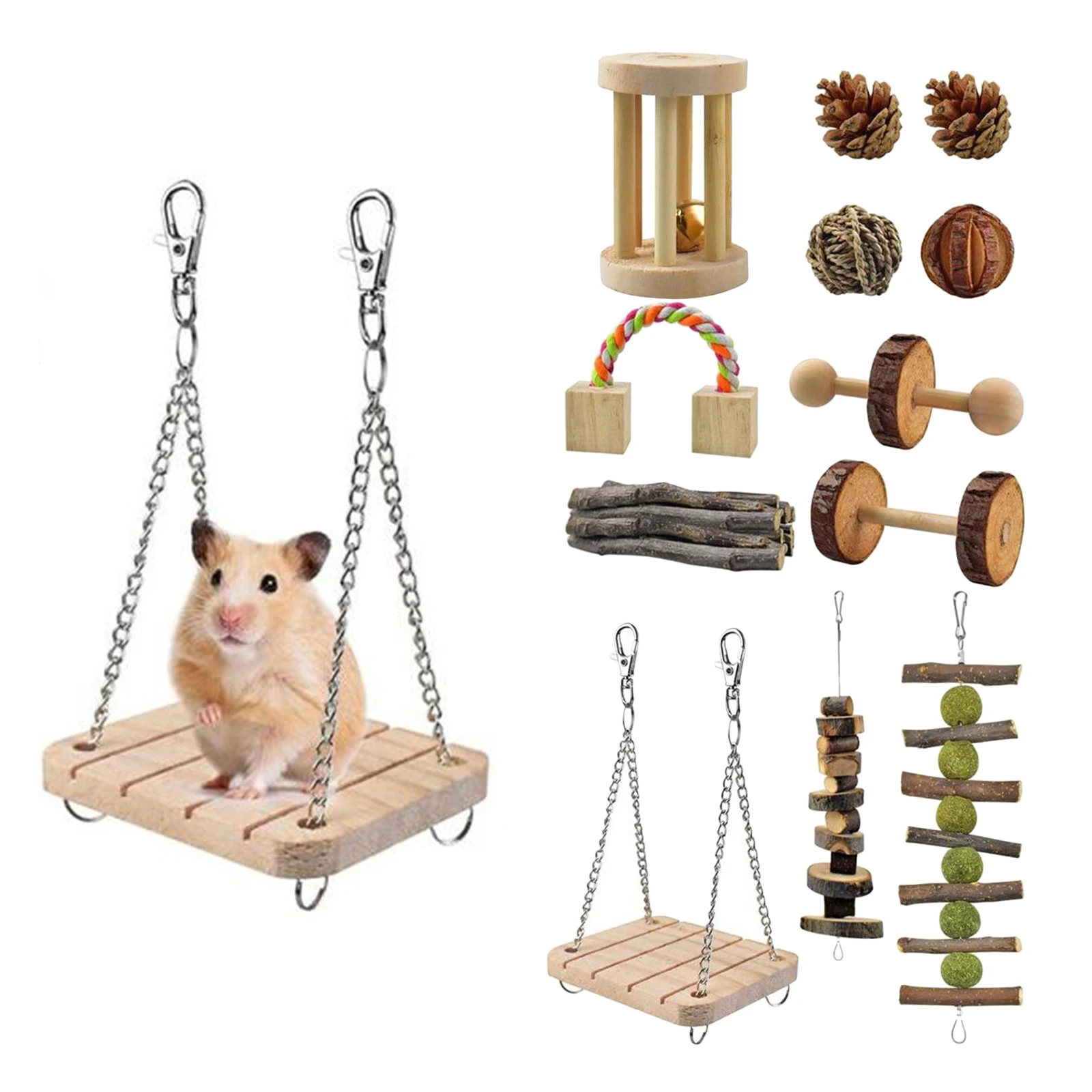 SUSYEE 14 Pcs Hamster Chew Toys Hammock Apple Wooden Dumbells Exercise Bell Roller Teeth Care Molar Toys Suitable for Rat Chinchilla Guinea Pig Rabbits Toys 