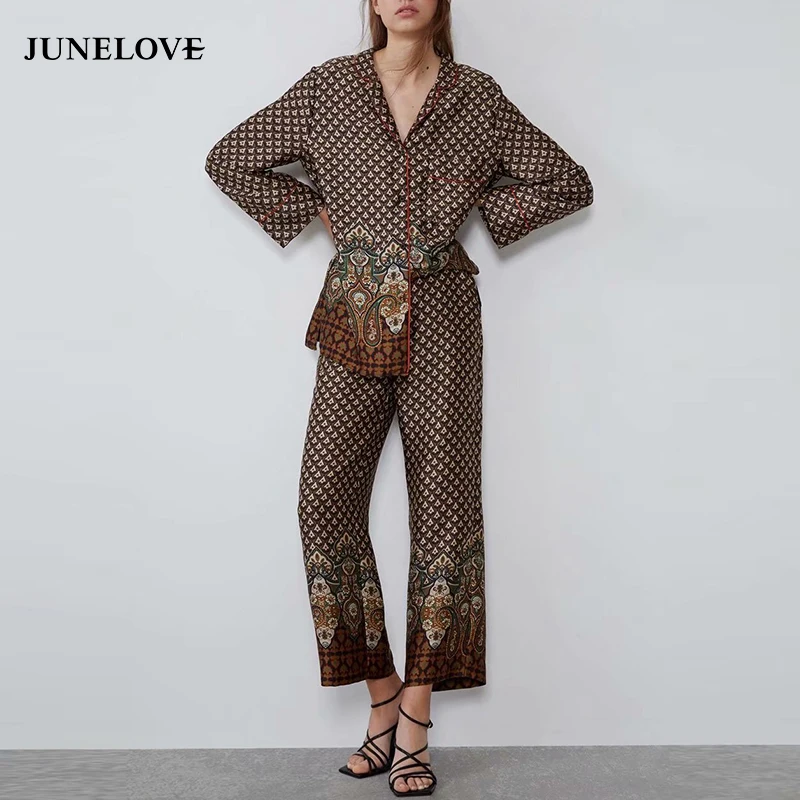 Женский винтажный комплект JuneLove свободная Цветочная блузка с принтом