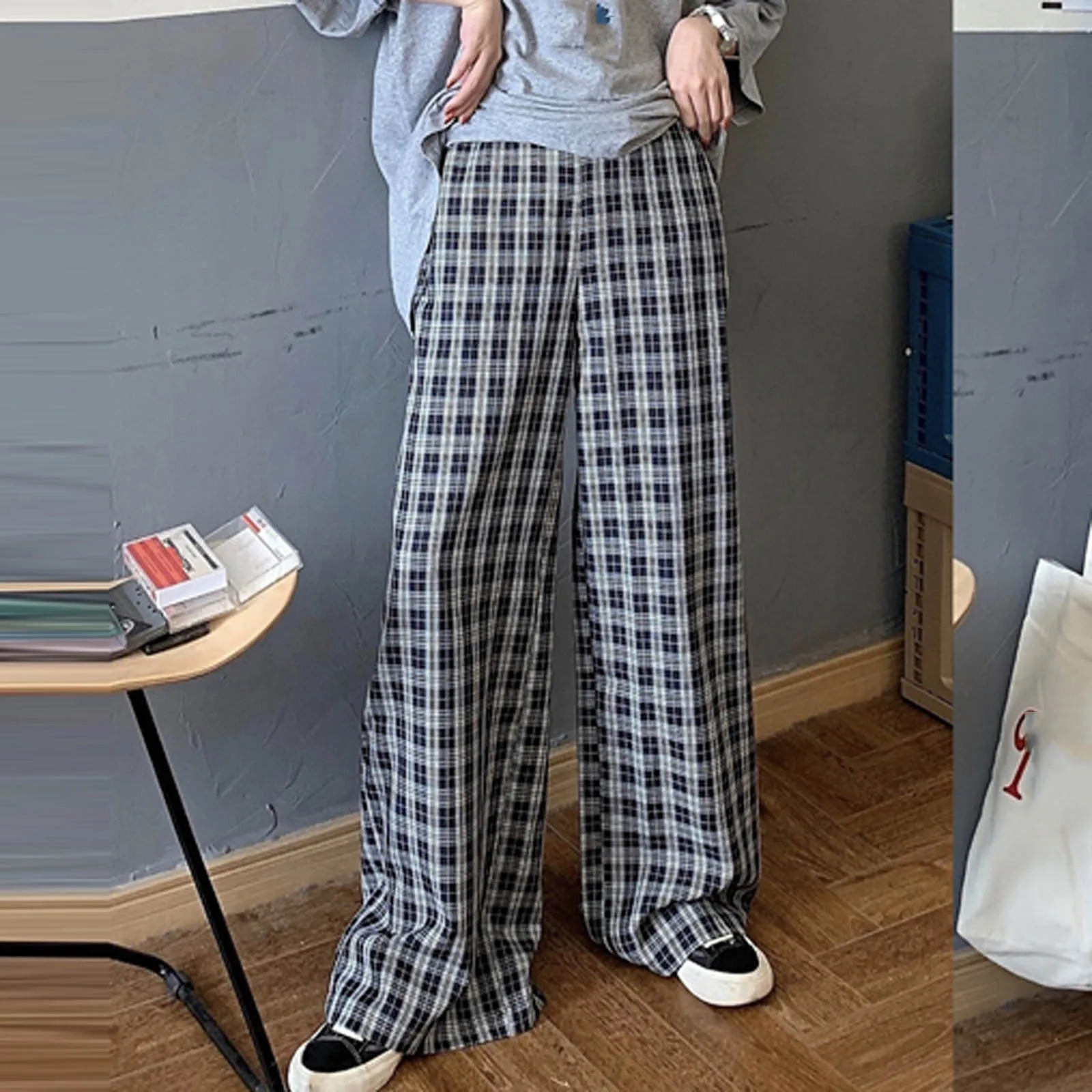 Women Casual Plaid Printing Loose High Waist Ladies Wide Leg Pants Long Lounge Pants Comfy Pajama Sweatpants Sweet Homewear New 2