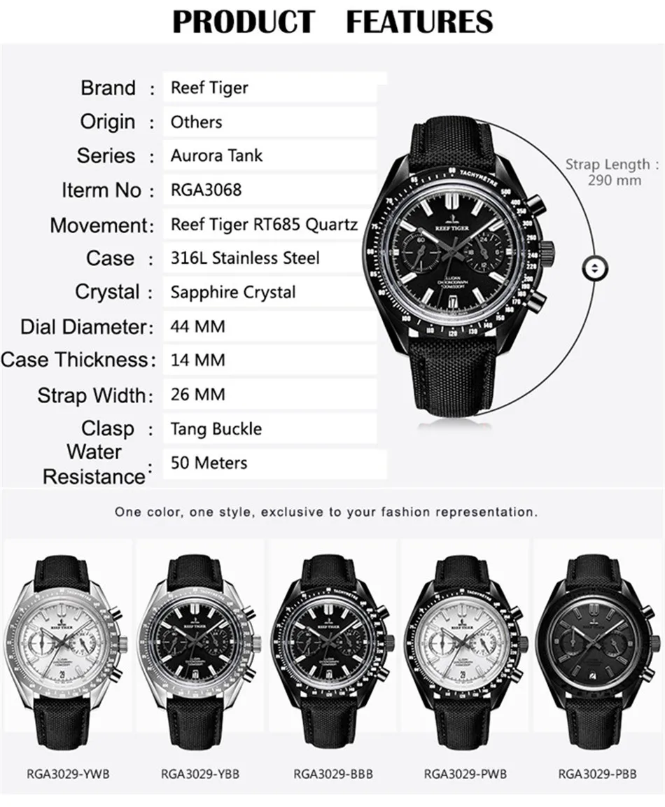 Reef Tiger/RT мужские брендовые дизайнерские спортивные часы из воловьей кожи и нейлона 316L стали с подсветкой хронограф часы Relogio Masculino RGA3033