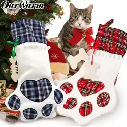 Теплые клетчатые рождественские подарочные сумки для домашних животных, собак, кошек, лап, носки, Рождественская елка, украшения