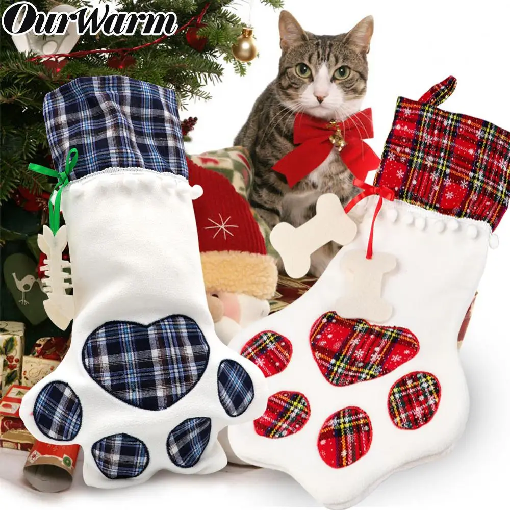 Christmas Gift Bags Pet Dog Cat Paw Stocking Socks Plaid Xmas Tree Ornament Deco 