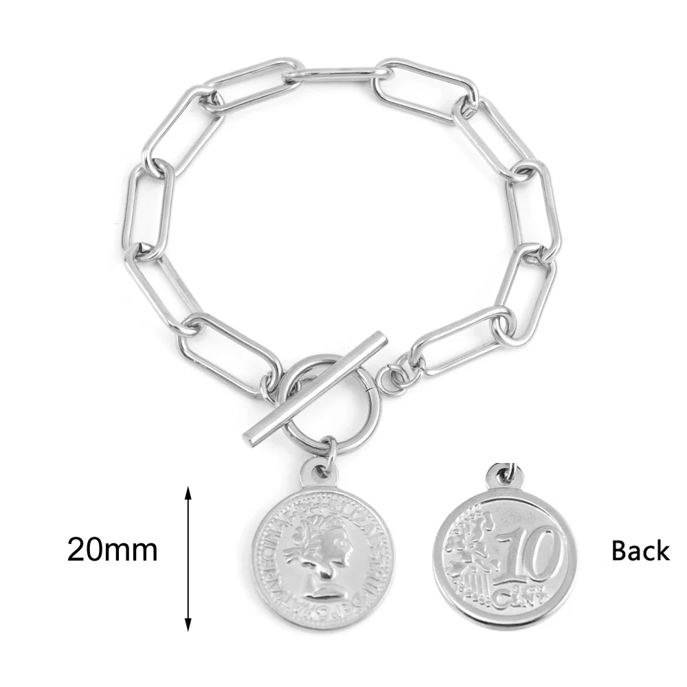OT-20mmCoin-silver Браслеты для женщин длинные с О-образным вырезом монета pesos Шарм Серебро Золото Цвет Нержавеющая браслеты из стали mujer подарок для девочек праздничная одежда ювелирные изделия - Окраска металла: OT-20mmCoin-silver