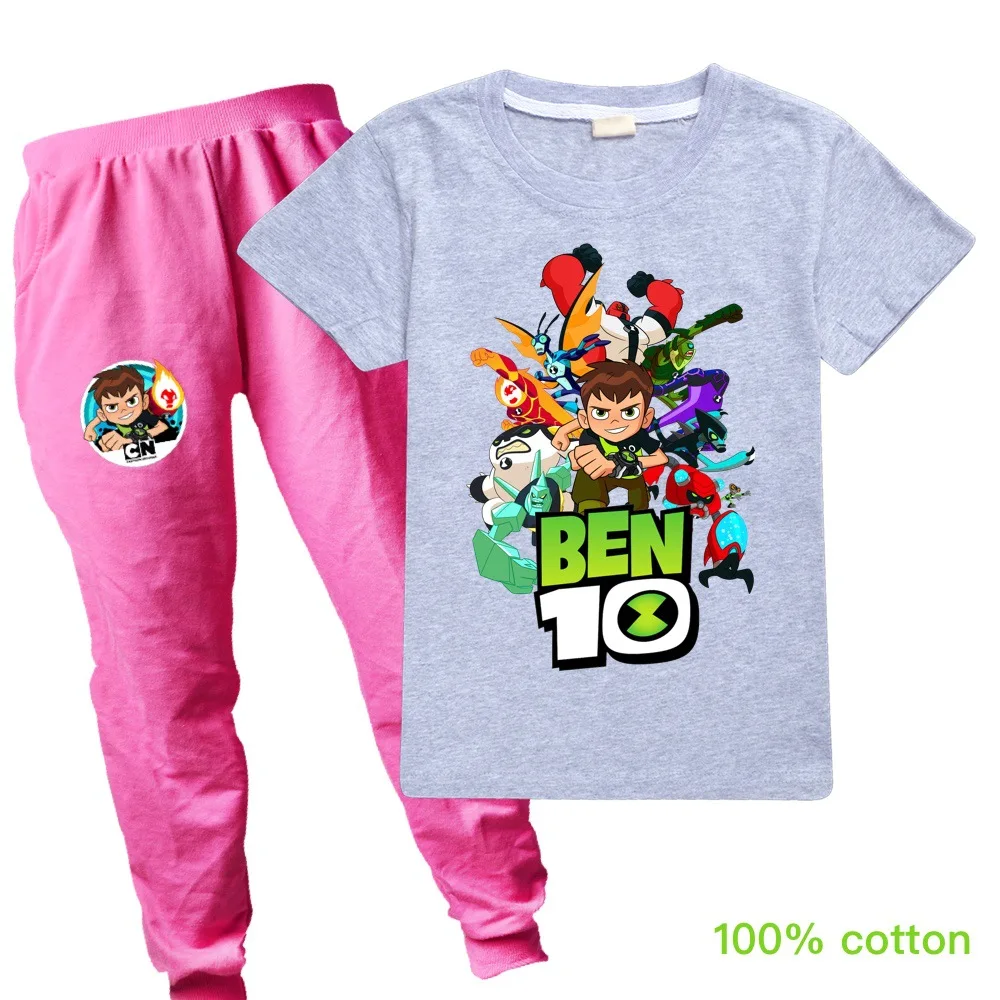 Ben10/Новинка; сезон весна-осень; детская хлопковая футболка с короткими рукавами и рисунком для девочек+ брюки; Детский костюм; одежда унисекс