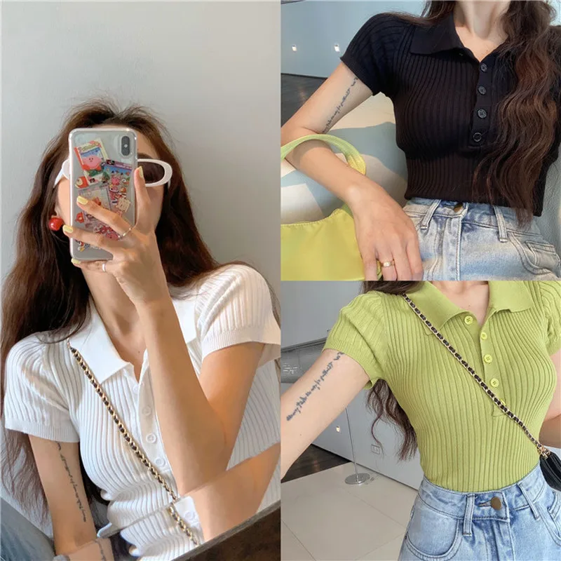 Korean Retro Lapel Short Sleeve Women Knitted T-shirt Ins Summer Slim Fit Polo Tshirts Solid Color Tees Female Sexy Tops | Женская