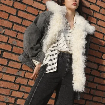 

Women's Denim Jacket With Fur Collar 2019 Fashion Women Turn Down Collar Faux Lamb Outwear Coats Winter Warm Jeans Coat XX015