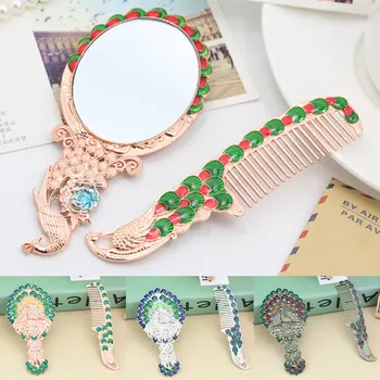 

New Hot Vintage Mirror Comb Set Makeup Vanity Desk Kit Mini Handheld Mirror Retro Peacock Pattern SMR88