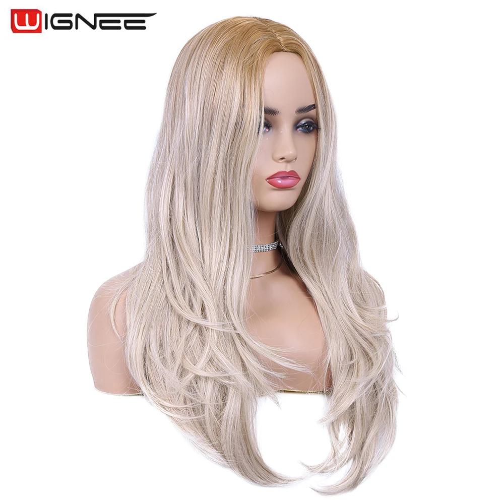 Sintéticas para as Mulheres Perucas de Cabelo Wignee Longo Ondulado Ombre Marrom Cinza Perucas Parte Média Natural Cosplay Festa Lolita Peruca Máquina Cheia 2 Apliques e perucas