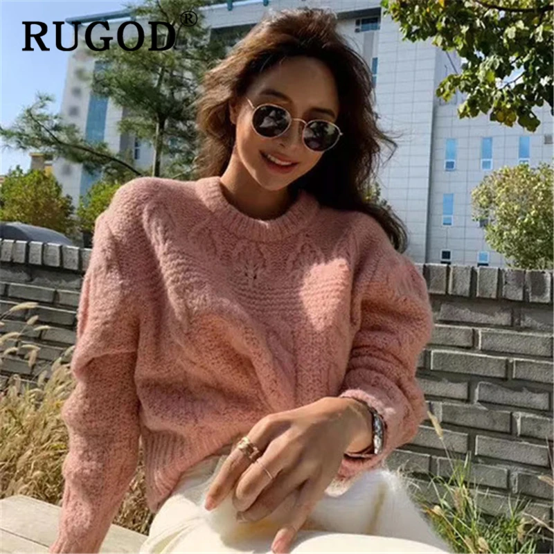 RUGOD ins, модный вязаный женский свитер, винтажный буф, рукав, Круглый ворот, пуловеры для женщин,, зима, осень, теплая вязаная одежда, мода