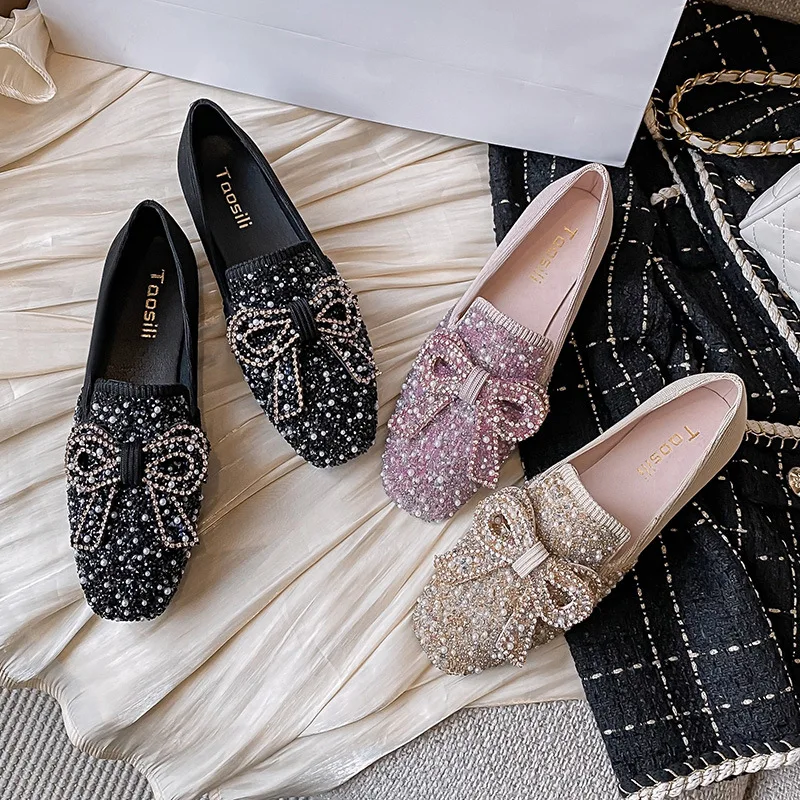 41-43 big size crystal bow flat shoes woman pearl beading breathable ballet flats beauty bow buckle moccasins shoes for women women shoes,women flats