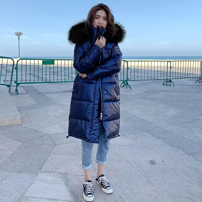 Зимняя женская куртка, теплое утолщенное длинное пальто из блестящей ткани, стильная куртка с большим меховым воротником, пальто, повседневная женская зимняя верхняя одежда - Цвет: navy1